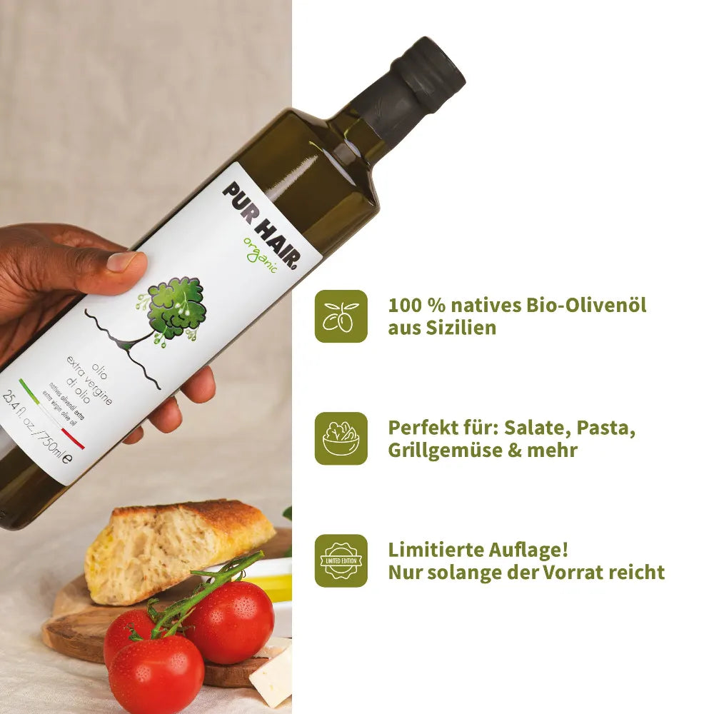 PUR HAIR Organic Olivenöl, 750 ml Flasche, Bio-Qualität aus Sizilien, limitierte Auflage
