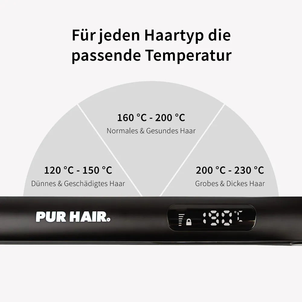 PUR HAIR Iron Gloss Pro mit individuell einstellbarer Temperatur von 120 bis 230 °C für jeden Haartyp.