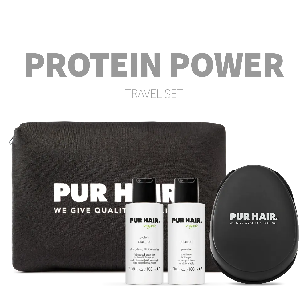 PUR HAIR Organic Travel Set Protein mit Protein Shampoo, Detangler, stylischer Kosmetiktasche und Detangler Brush – Protein Power