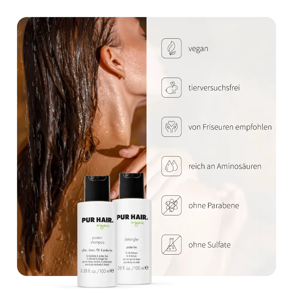 PUR HAIR Organic Travel Set Protein mit Protein Shampoo (100 ml) und Detangler (100 ml) – tierversuchsfrei, sulfatfrei, parabenfrei und reich an Aminosäuren, von Friseuren empfohlen. Perfekt für Reisen