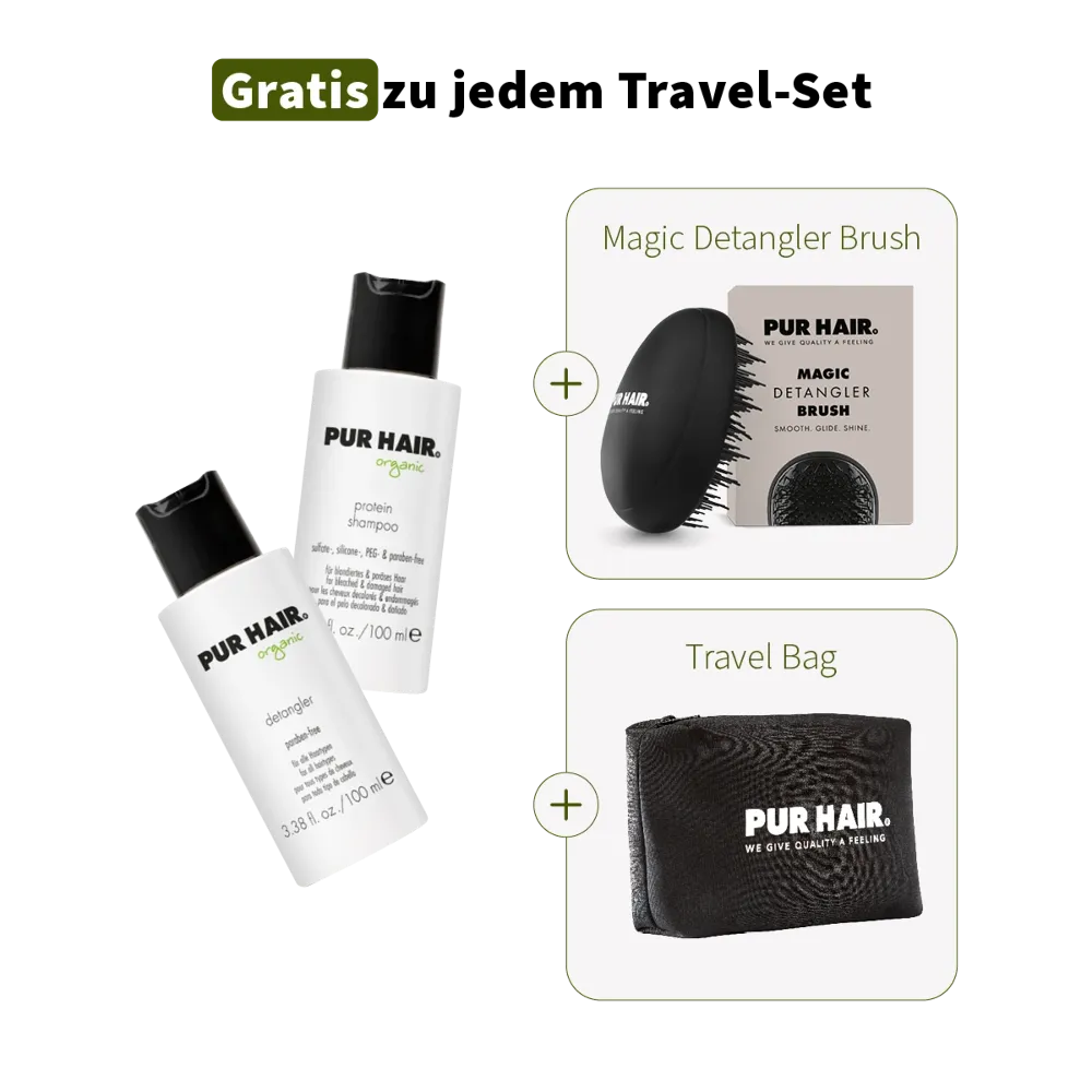 PUR HAIR Organic Travel Set Protein mit Protein Shampoo, Detangler, gratis Bürste und Tasche