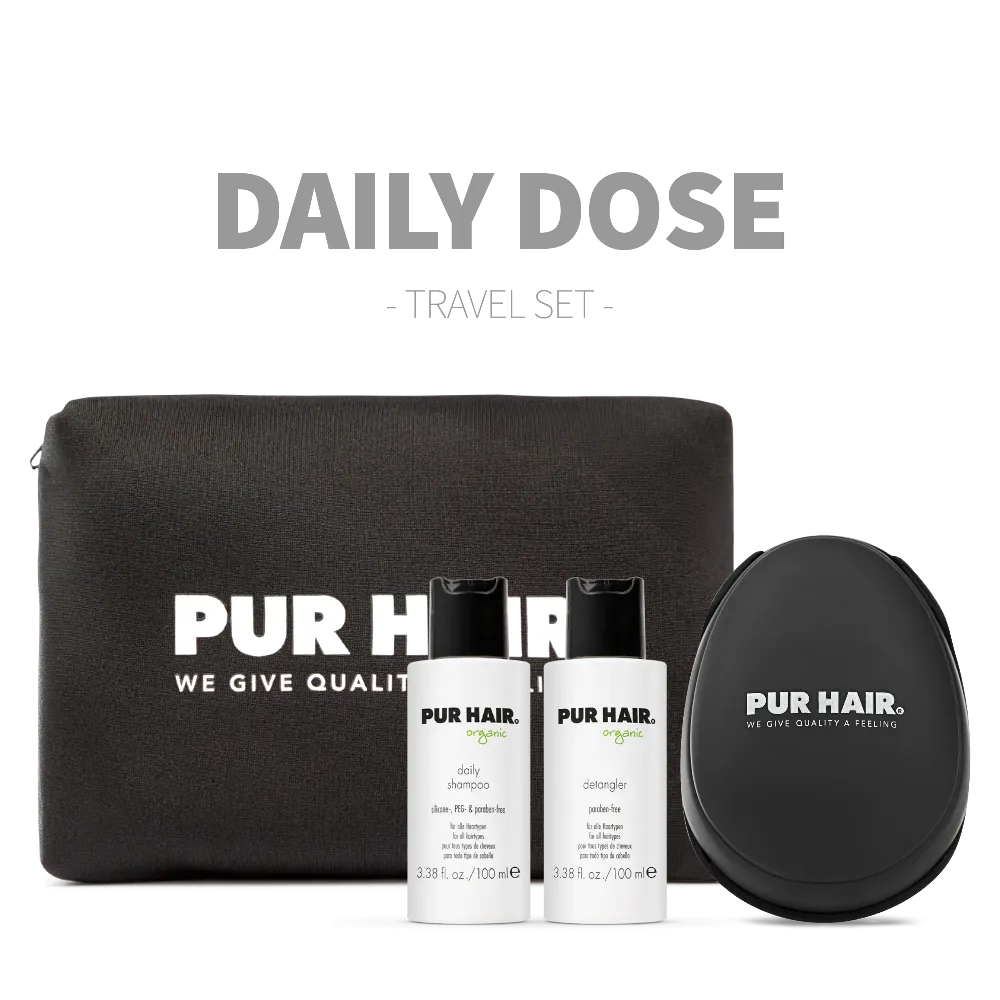 PUR HAIR Organic Travel Set Daily mit Daily Shampoo, Detangler, stylischer Kosmetiktasche und Detangler Brush – Daily Dose