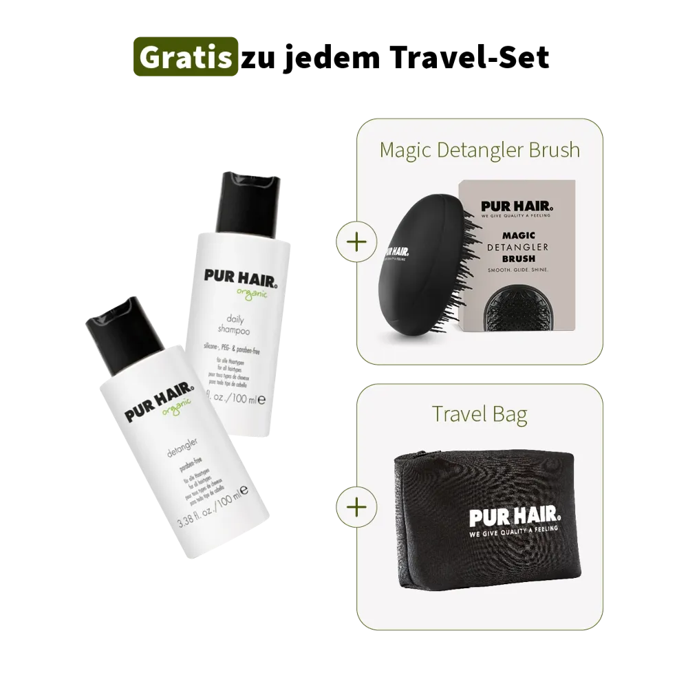PUR HAIR Organic Travel Set mit Shampoo, Detangler, gratis Bürste und Tasche