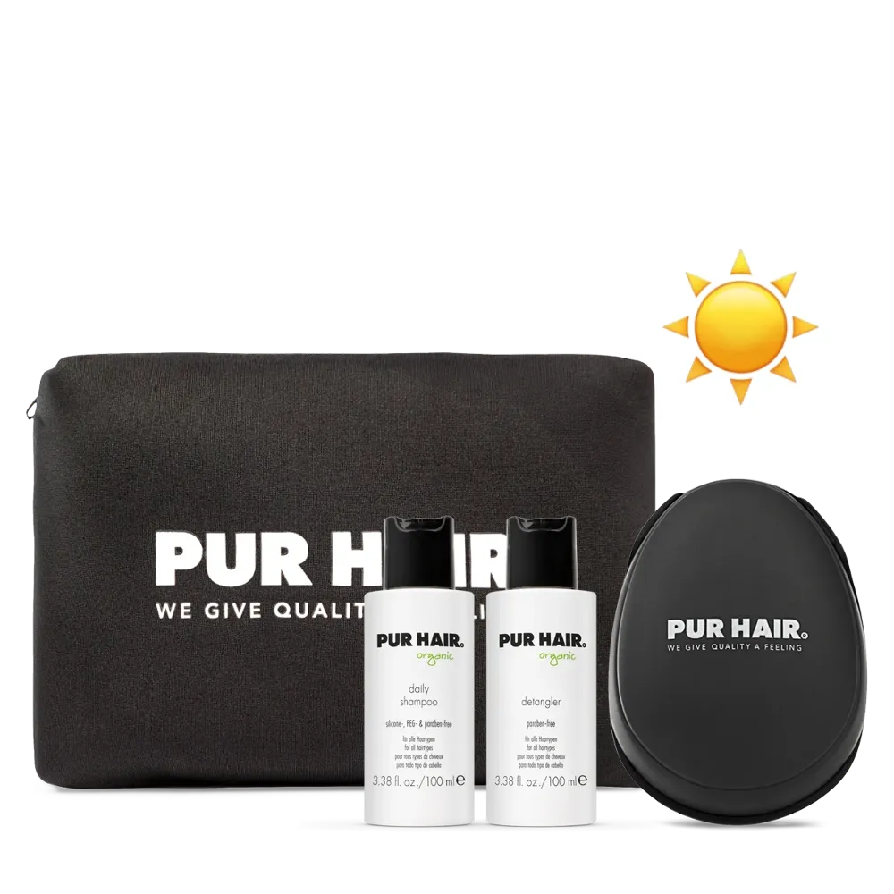 PUR HAIR Organic Travel Set Daily mit Daily Shampoo, Detangler, stylischer Kosmetiktasche und Detangler Brush – ideales Pflegeset für Reisen und Urlaub, Sommer-Edition mit Sonnensymbol