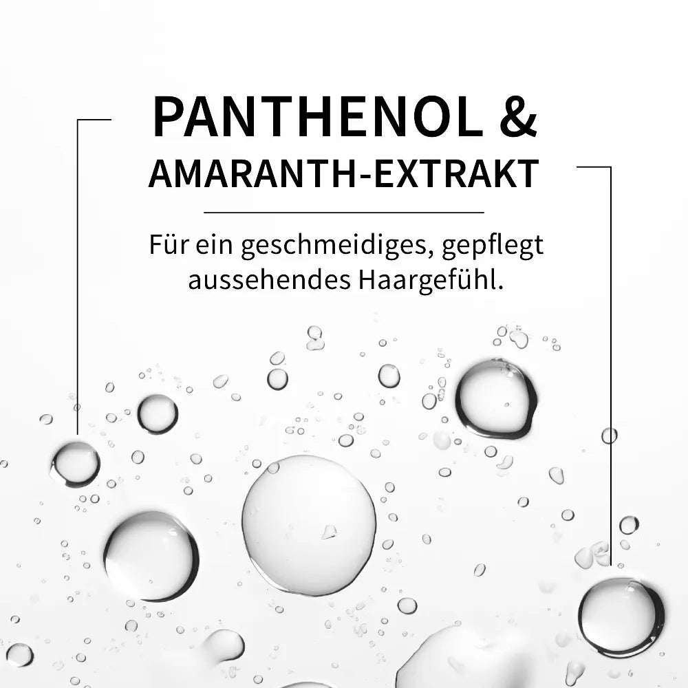 Grafik mit den Inhaltsstoffen Panthenol und Amaranth-Extrakt sowie dem Hinweis auf ein geschmeidiges und gepflegt aussehendes Haargefühl.
