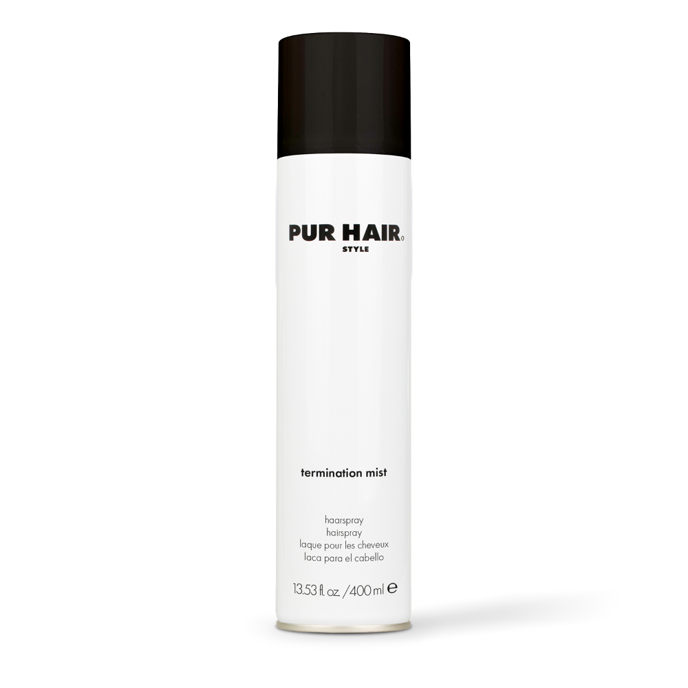 PUR HAIR Termination Mist Haarspray in weißer 400-ml-Spraydose mit schwarzem Deckel