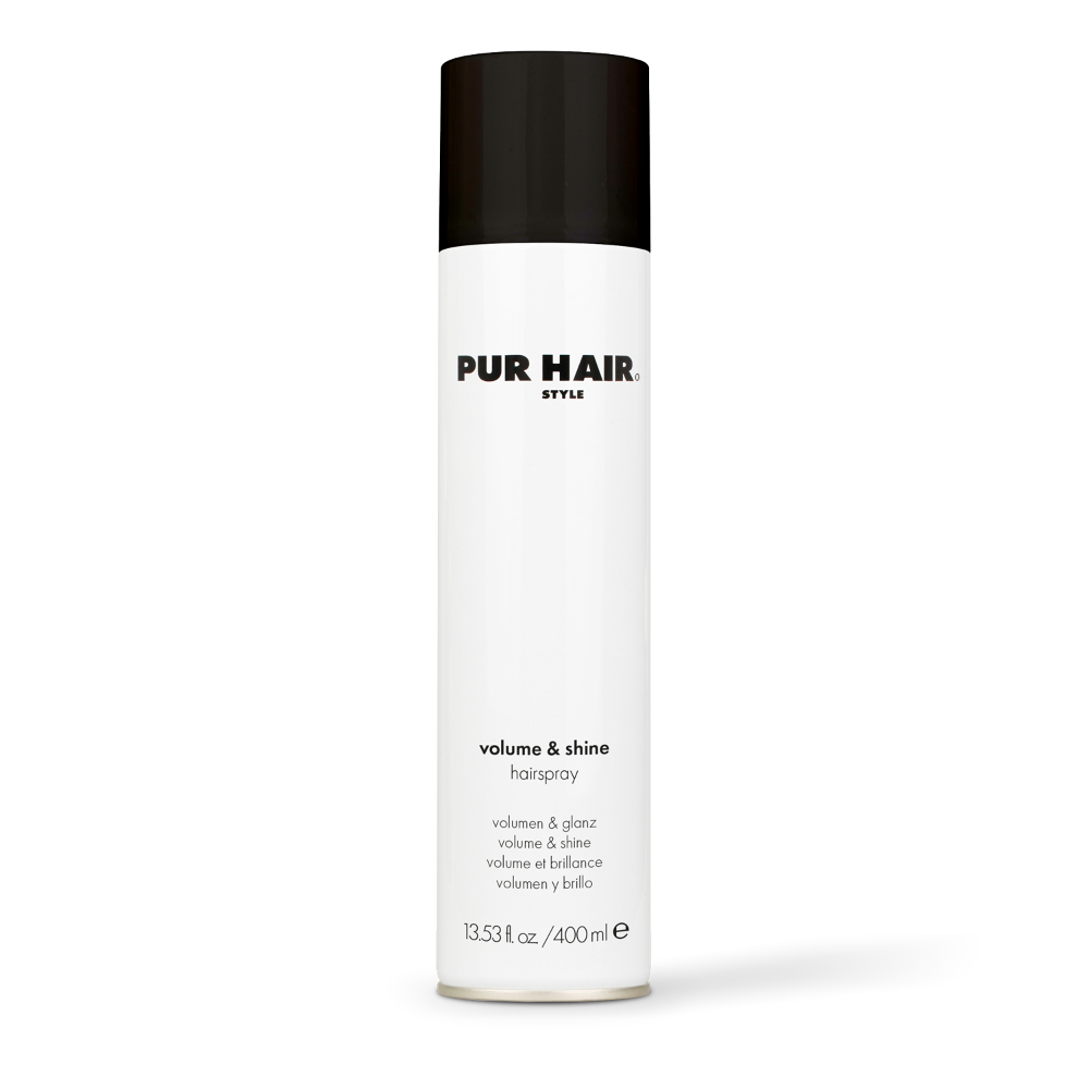 PUR HAIR Volume & Shine Haarspray in weißer 400-ml-Spraydose mit schwarzem Deckel
