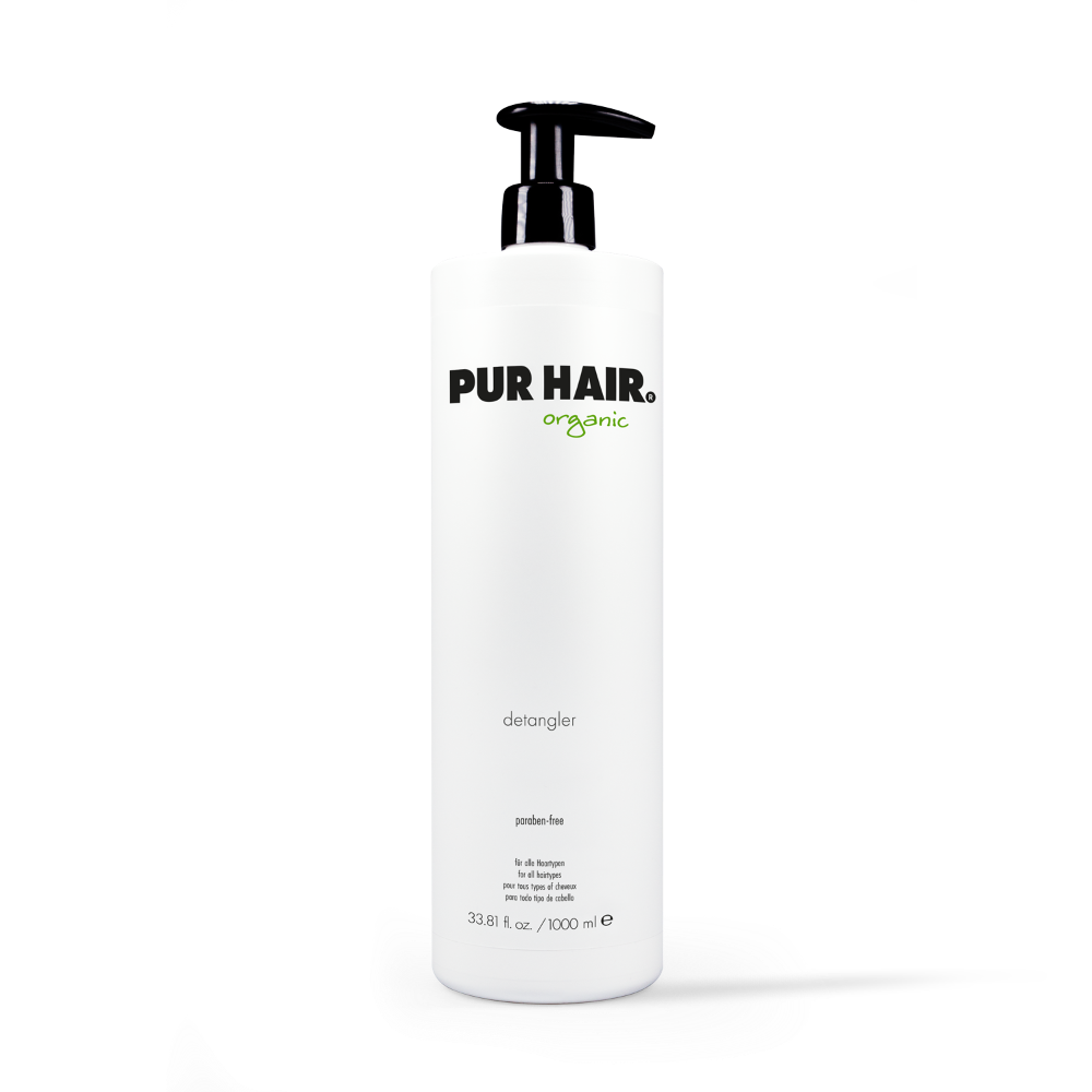 PUR HAIR Detangler, 1000 ml Flasche in weiß mit schwarzem Pumpspender
