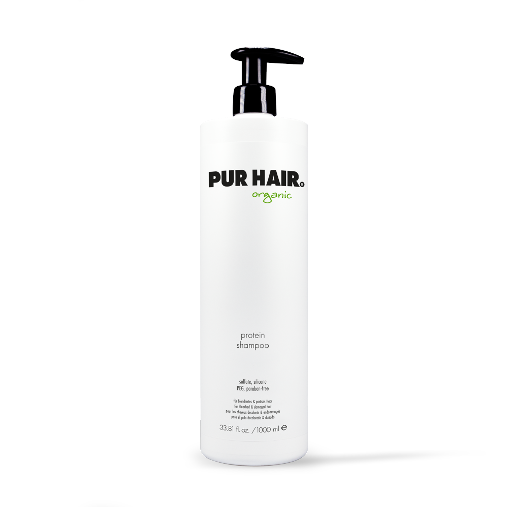 PUR HAIR Organic Protein Shampoo, 1000 ml Flasche in Weiß mit schwarzem Pumpspender