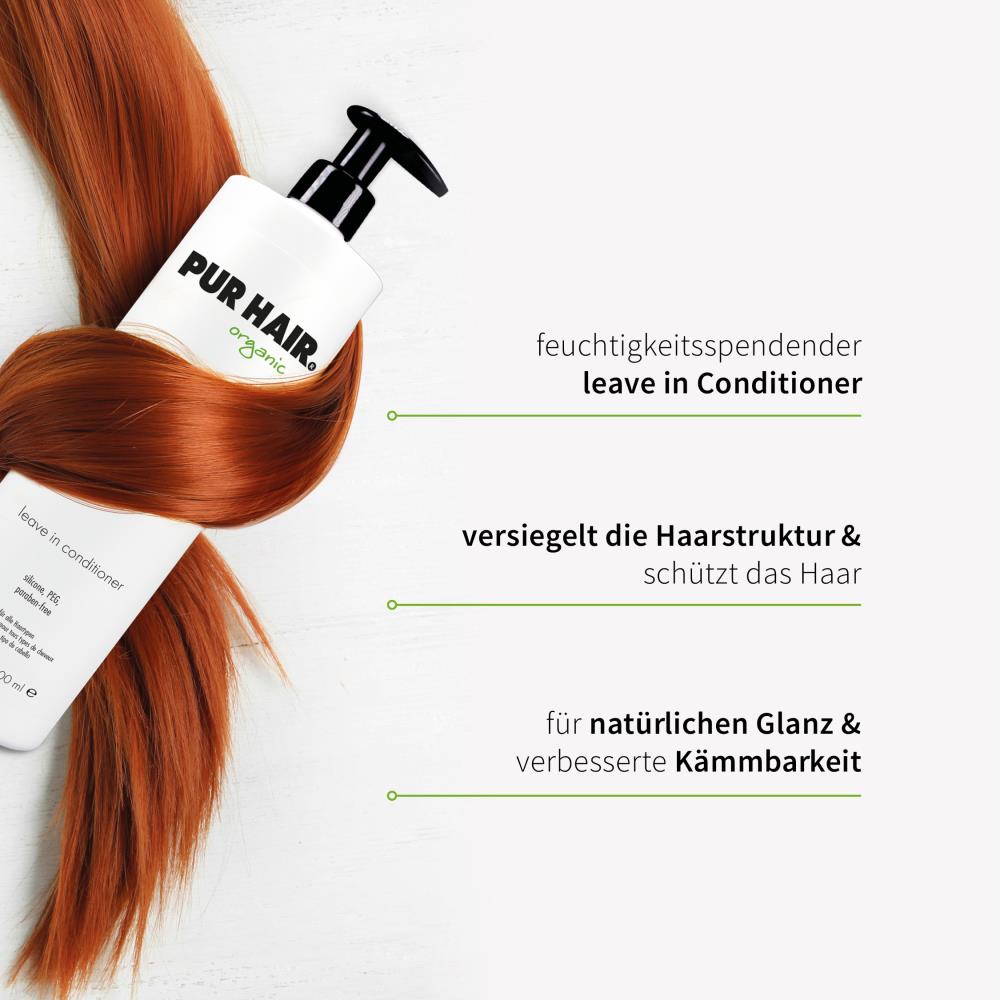 PUR HAIR Organic Leave-in Conditioner in 1000 ml Flasche mit Pumpkopf, Produktmerkmale: feuchtigkeitsspendender leave in Conditioner, versiegelt die Haarstruktur & schützt das Haar, für natürlichen Glanz & verbesserte Kämmbarkeit