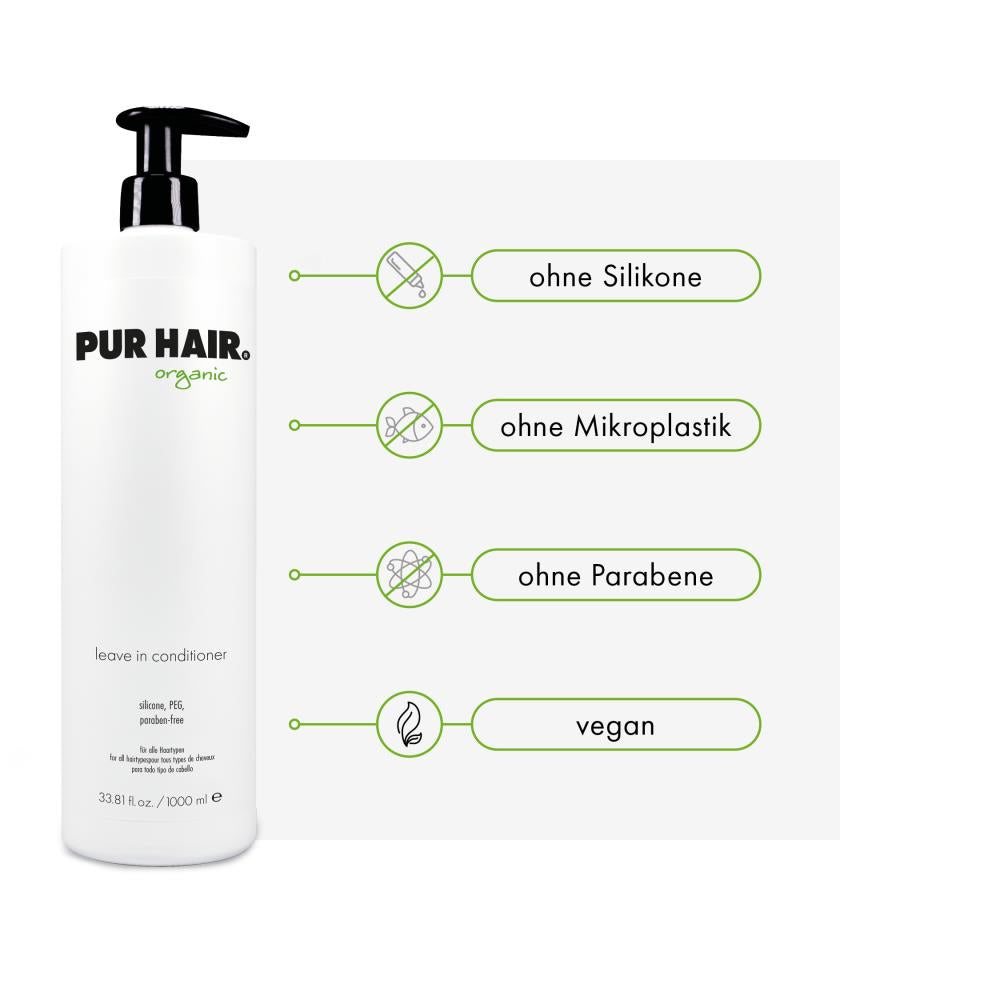 PUR HAIR Organic Leave-in Conditioner in 1000 ml Flasche mit Pumpkopf, Produktmerkmale: ohne Silikone, ohne Mikroplastik, ohne Parabene, vegan.
