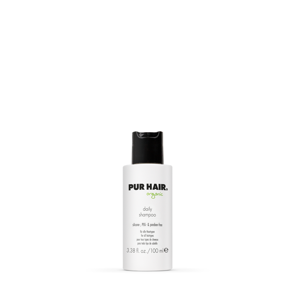 PUR HAIR Organic Daily Shampoo, 100 ml Flasche in Weiß mit schwarzem Deckel