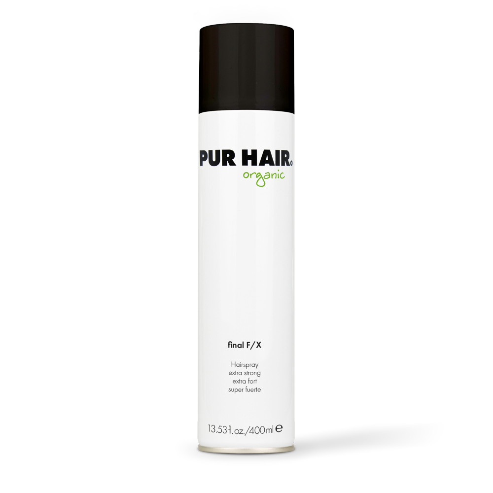 PUR HAIR Organic Final F/X Haarspray in weißer 400-ml-Spraydose mit schwarzem Deckel, extra starker Halt