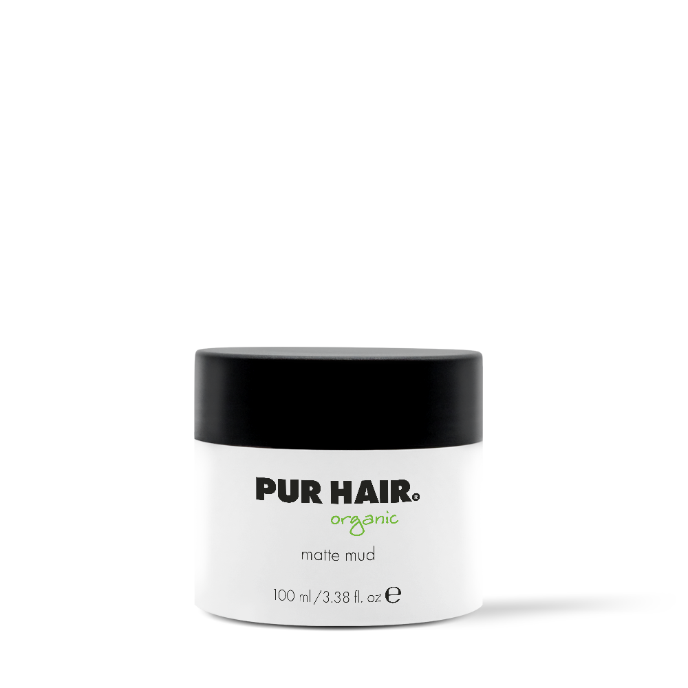 PUR HAIR Organic Matte Mud in runder weißer Dose mit schwarzem Schraubdeckel, 100 ml