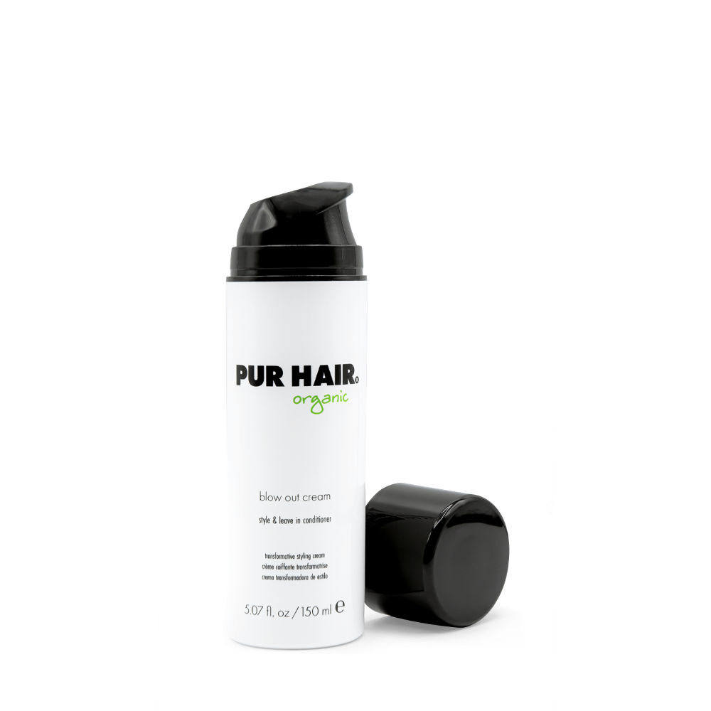 PUR HAIR Organic Blow Out Cream Föhncreme in weißer 150-ml-Dose mit schwarzem Dispender