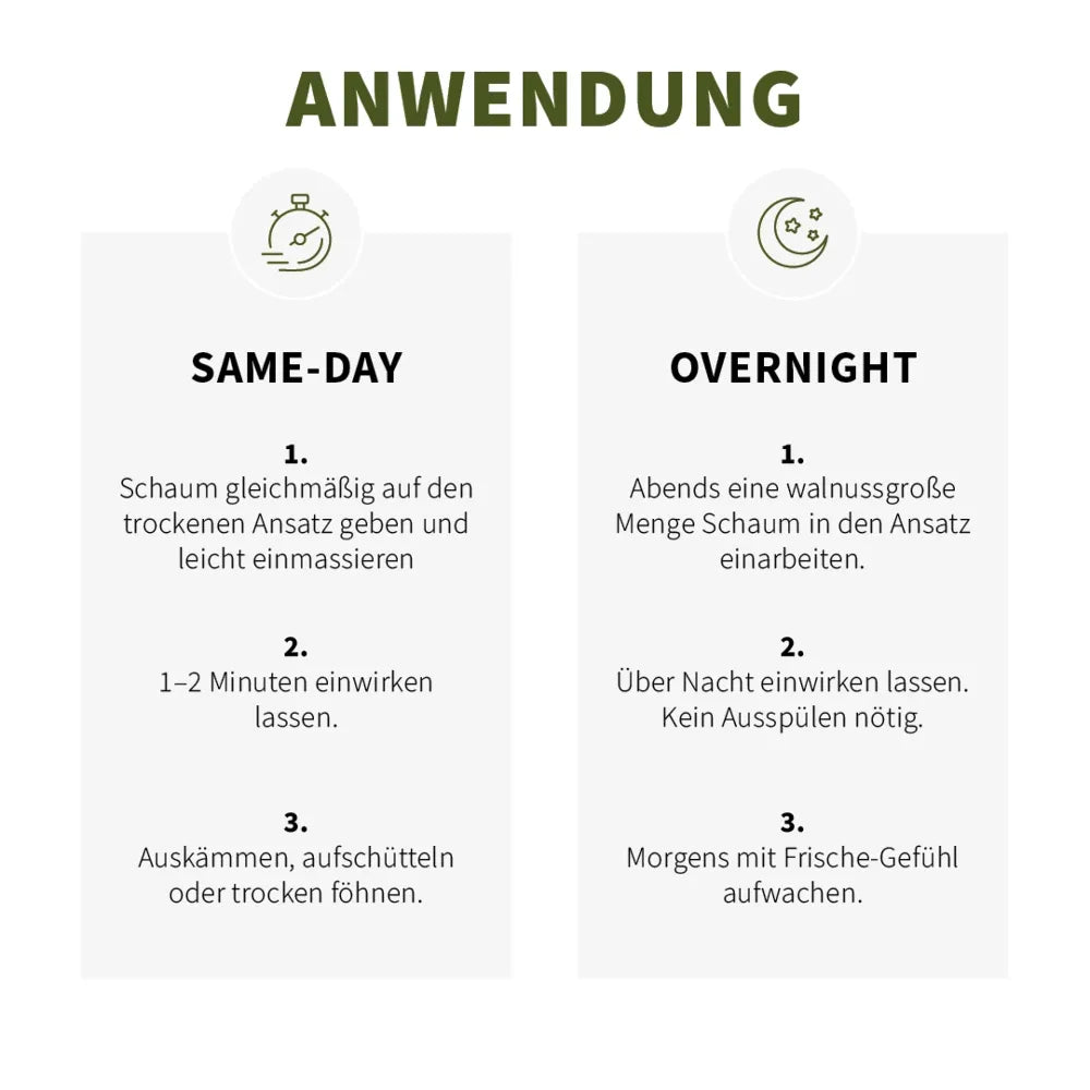 PUR HAIR Dry Foam, Trockenshampoo in Schaum.Anwendung – Anleitung für Same-Day Styling und Overnight Pflege: Schaum einmassieren, einwirken lassen, auskämmen oder über Nacht wirken lassen,