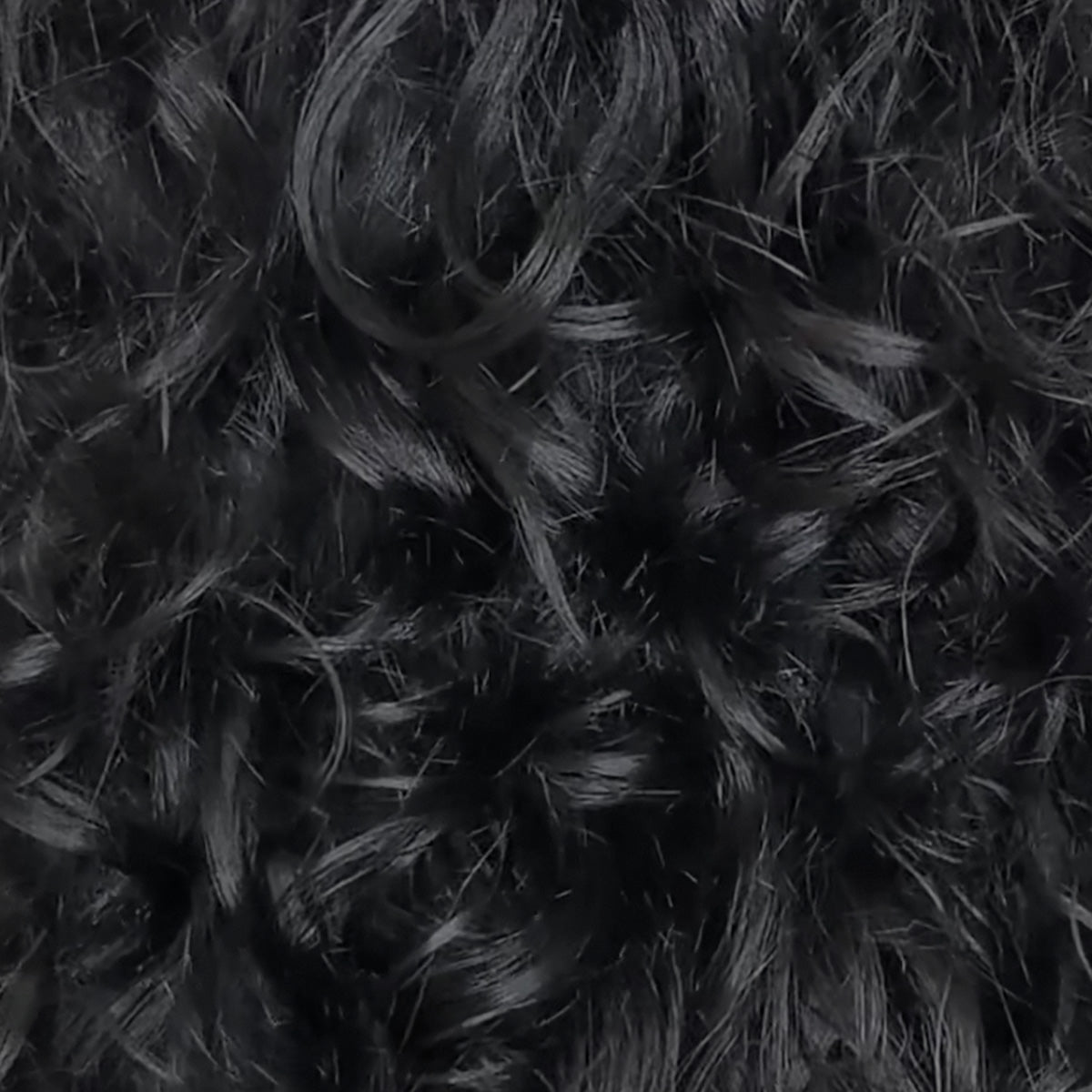 Naturgelocktes schwarzes Haar, definiert und glänzend in der Struktur.