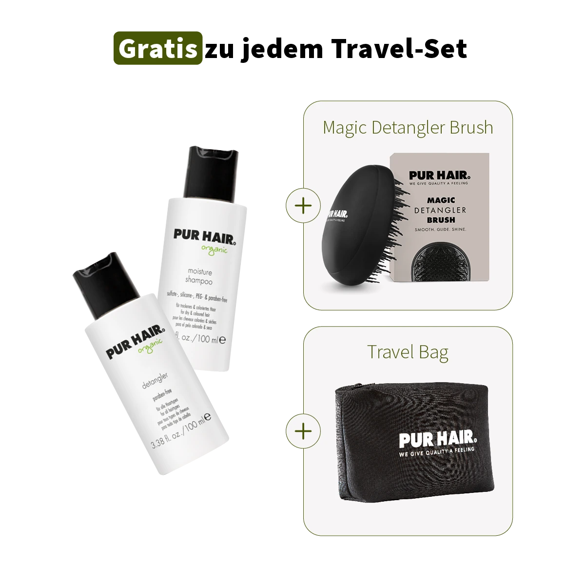 PUR HAIR Organic Travel Set mit Shampoo, Detangler, gratis Bürste und Tasche