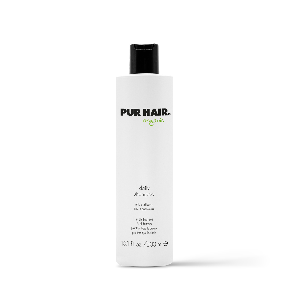 PUR HAIR Organic Daily Shampoo, 300 ml Flasche in Weiß mit schwarzem Deckel