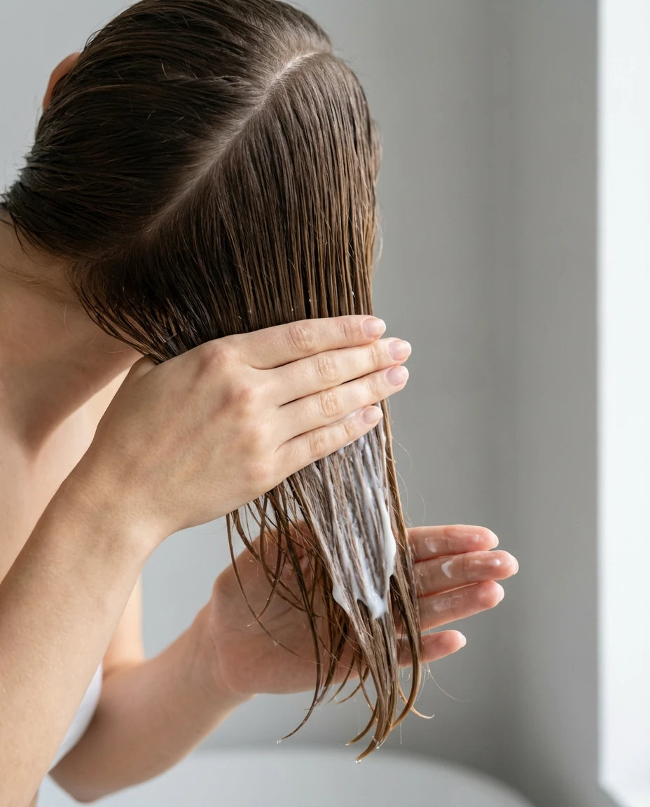 Conditioner wird nur in die Längen aufgetragen. Pflege nicht auf den Haaransatz.