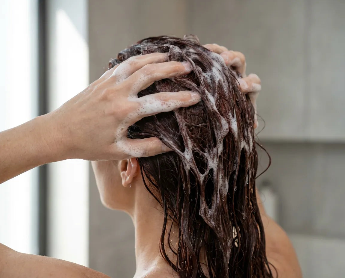Shampoo wird in coloriertes Haar einmassiert – schonende Reinigung für langanhaltenden Farberhalt bei gefärbtem Haar.