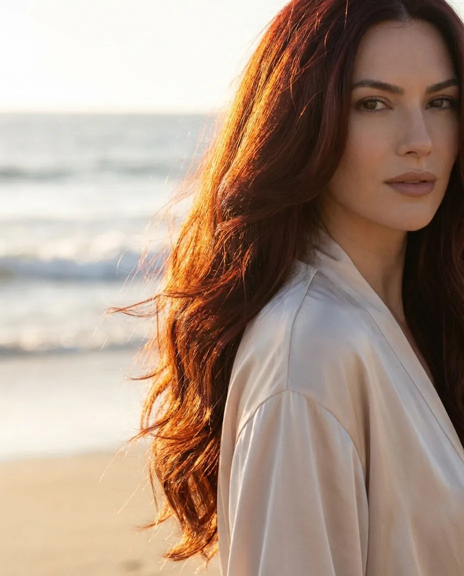 Rotes, sonnengeküsstes Haar am Strand – intensive Farbreflexe bei gepflegtem, gefärbtem Haar.