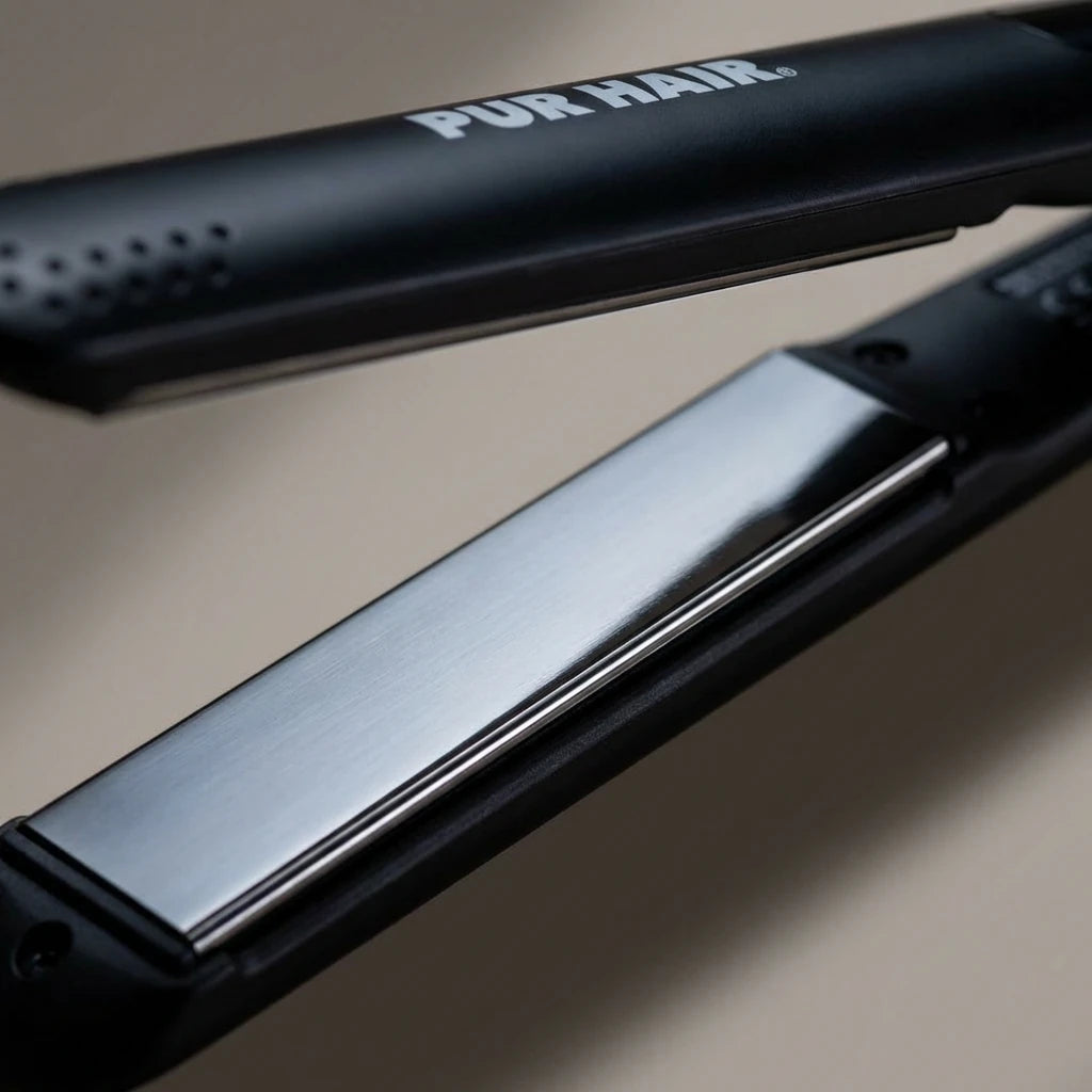 PUR HAIR Glätteisen mit Titanium-Platten – hochwertige Oberfläche für gleichmäßige Hitzeverteilung beim Haare glätten.