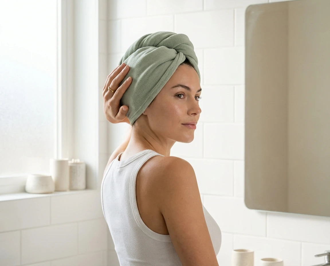 Frau mit mintgrünem Haar-Turban im Badezimmer – Haar handtuchtrocken nach der Wäsche, bereit für die weitere Pflege mit PUR HAIR.