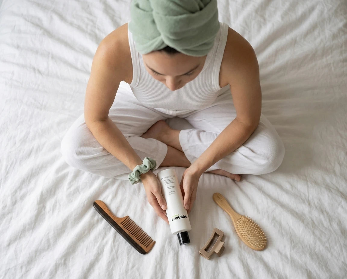 Top-Down-Aufnahme einer Frau mit Turban und PUR HAIR Produkt – Haar handtuchtrocken vor dem Föhnen, kombiniert mit Kamm und Bürste aus Holz.