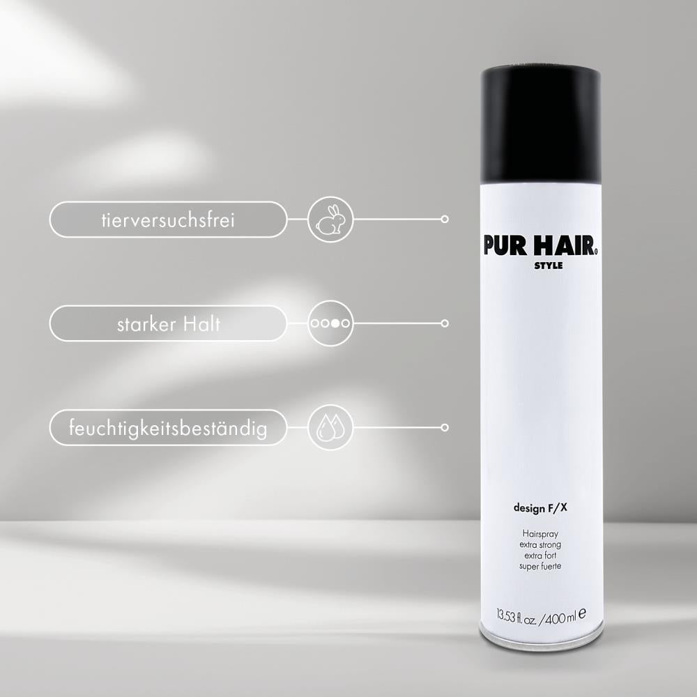 PUR HAIR Style Design F/X Haarspray in 400 ml Dose – extra starker Halt, feuchtigkeitsbeständig und tierversuchsfrei, Produktabbildung mit Icons