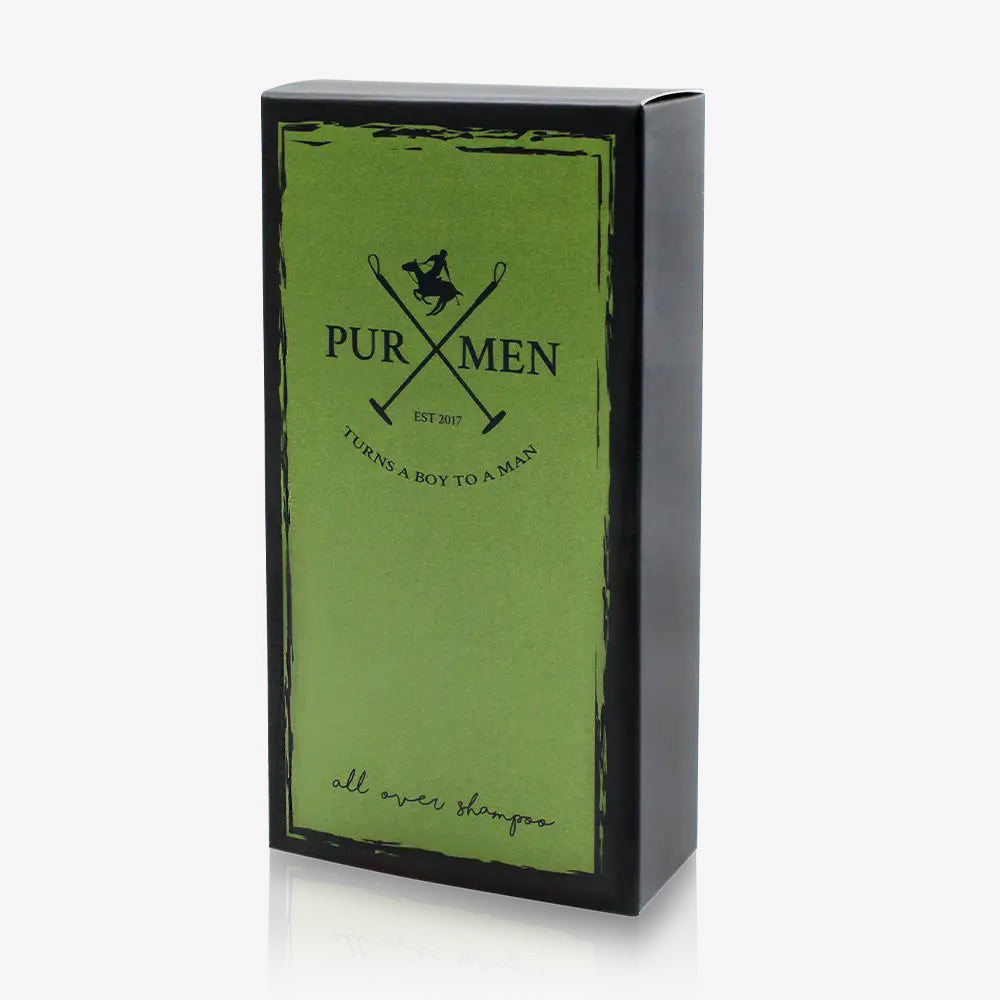 Grüne PUR MEN Shampoo-Verpackung mit schwarzem Rand, Logo und Slogan, Turns a boy to a man