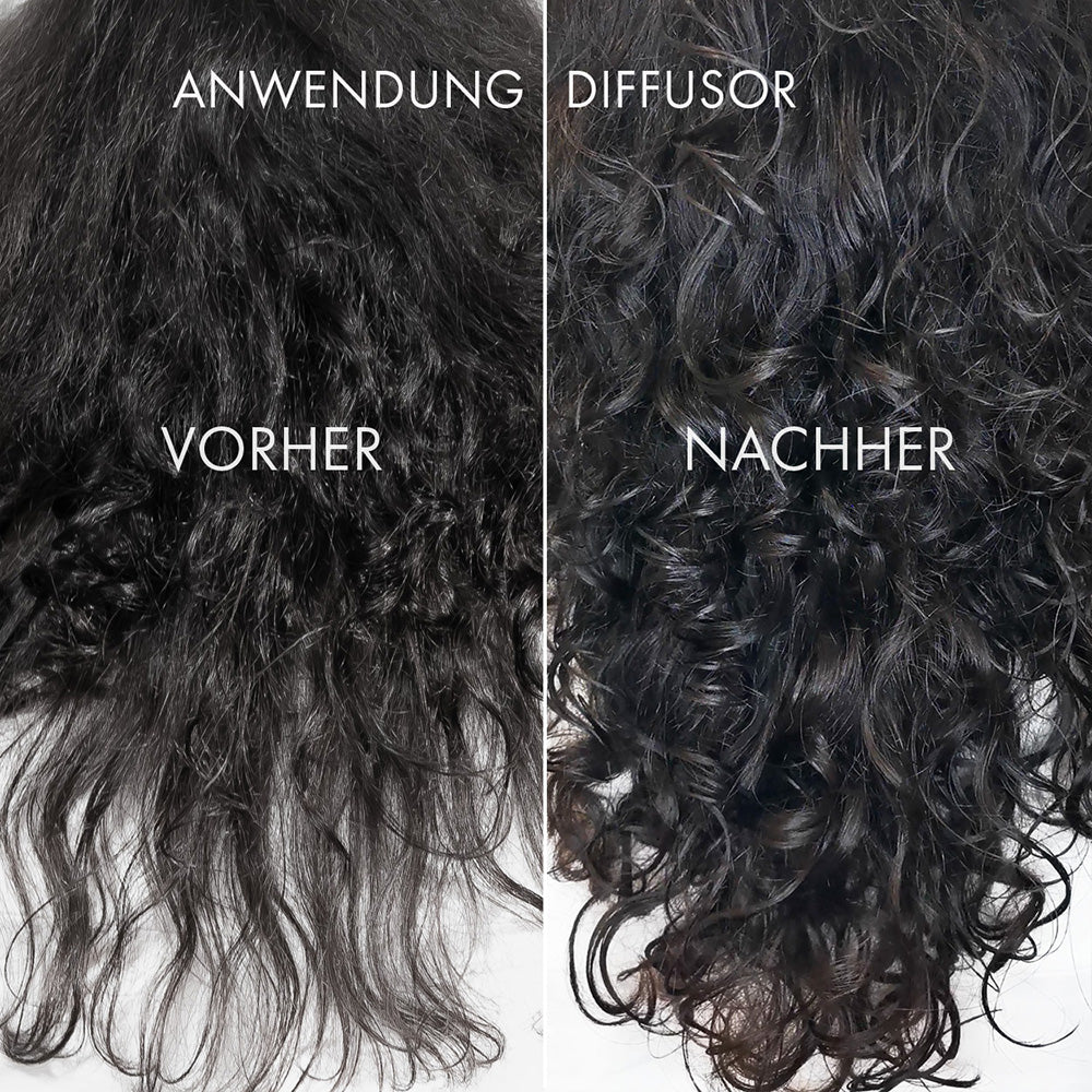 Vorher-Nachher-Vergleich der PUR HAIR Organic Blow Out Cream: links krauses, trockenes Haar vor der Anwendung, rechts definierte, glänzende Locken nach dem Styling mit Diffusor