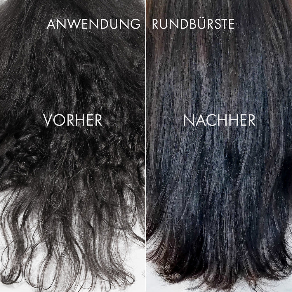 Vorher-Nachher-Vergleich der PUR HAIR Organic Blow Out Cream: links krauses, widerspenstiges Haar vor der Anwendung, rechts glattes, glänzendes Haar nach dem Styling mit Rundbürste