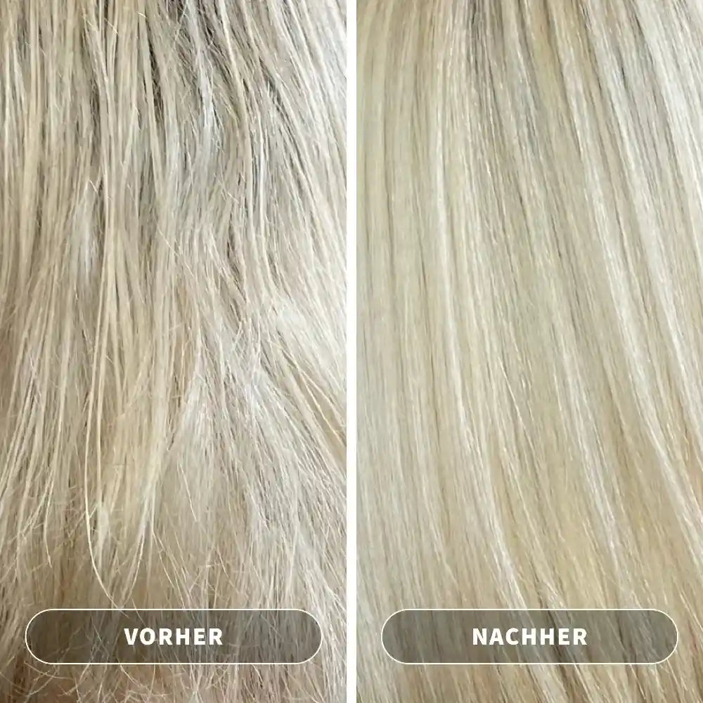 Blondes Haar. Vorher: wellig und strapaziert. Nachher: glatt und seidig glänzend.