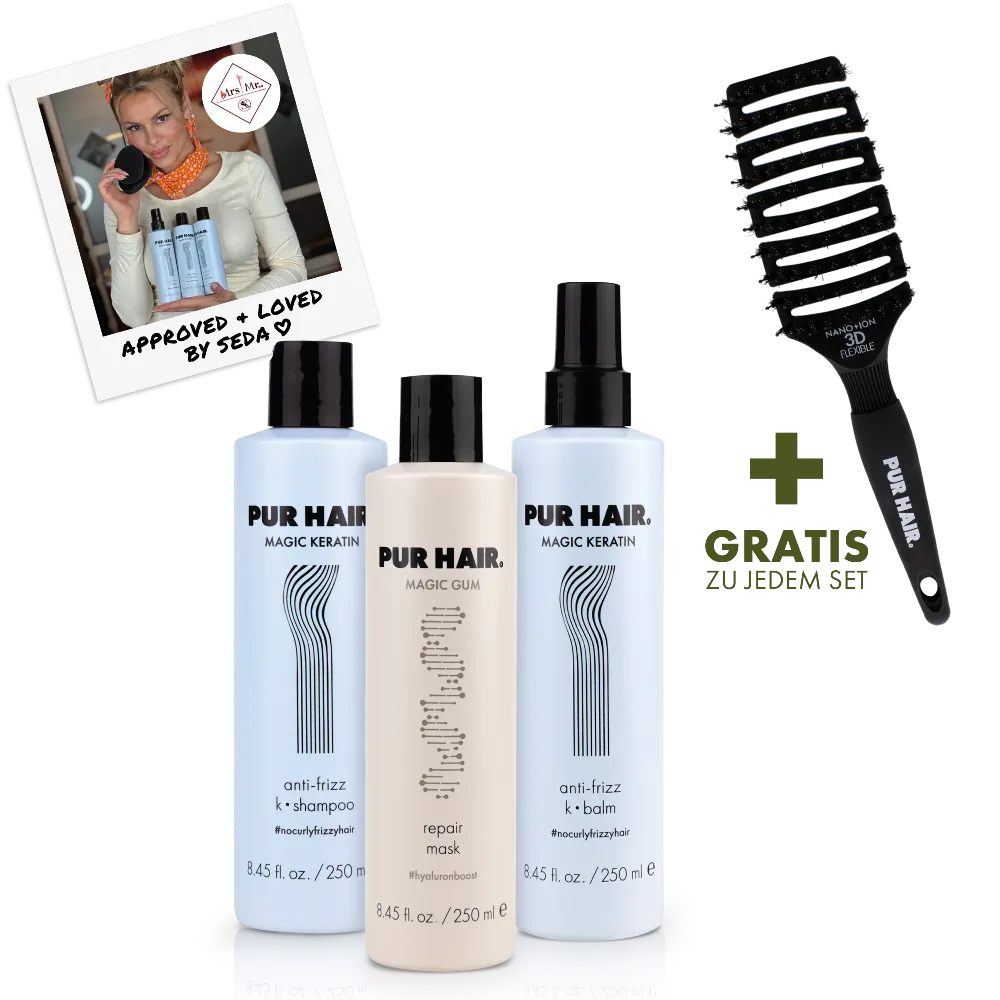 Links ein Bild von der Influencer-Friseurin: Seda. In der Mitte stehen die blauen Magic Keratin Shampoo und Balm zusammen mit dem beigem Magic Gum Mask an der Seite steht die Magic Flex Brush gratis zu jedem Set.