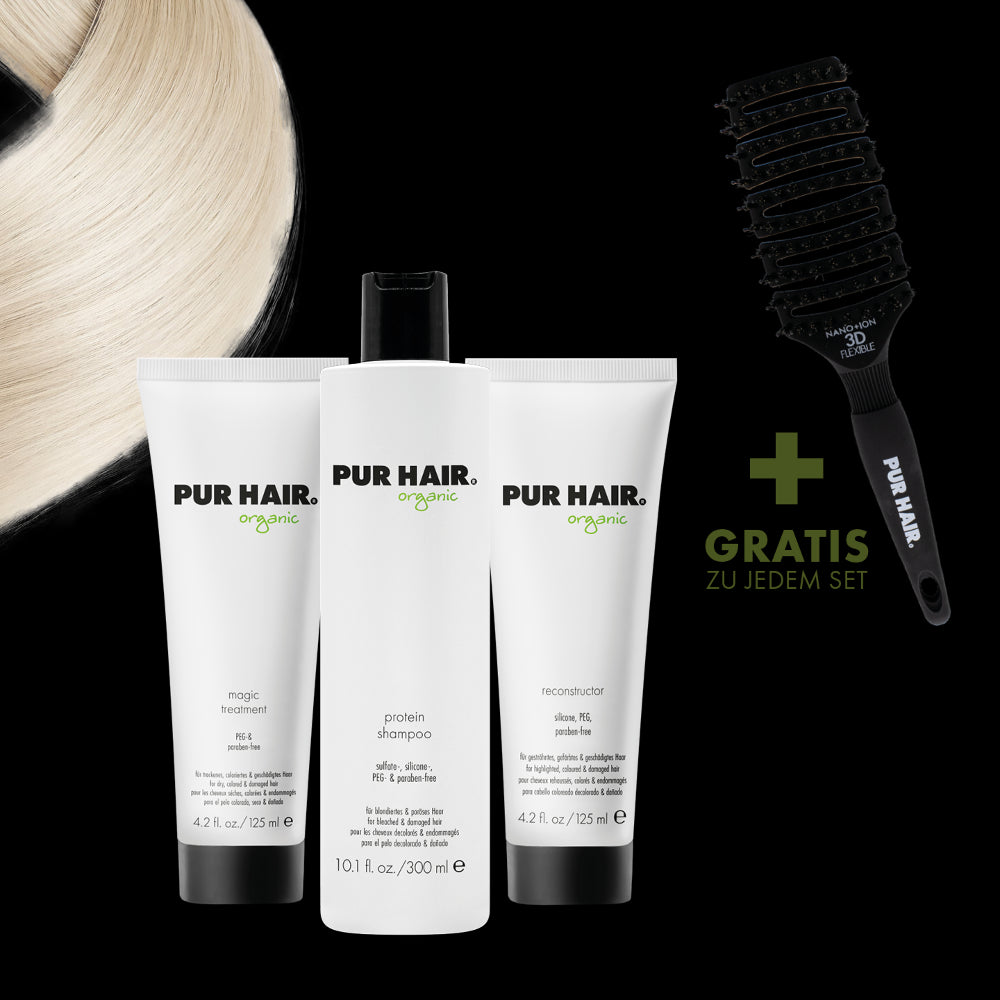 PUR HAIR Organic Pflegeset für blondiertes, brüchiges Haar, mit Moisture Shampoo 300 ml, Magic Treatment 125 ml, Reconstructor 125 ml und gratis Magic Flex Brush