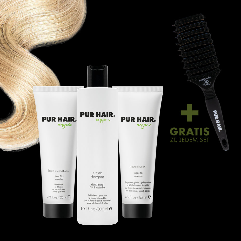 PUR HAIR Organic Pflegeset für blondiertes Haar, mit Protein Shampoo 300 ml, Leave in Conditioner 125 ml, Reconstructor 125 ml und gratis Magic Flex Brush