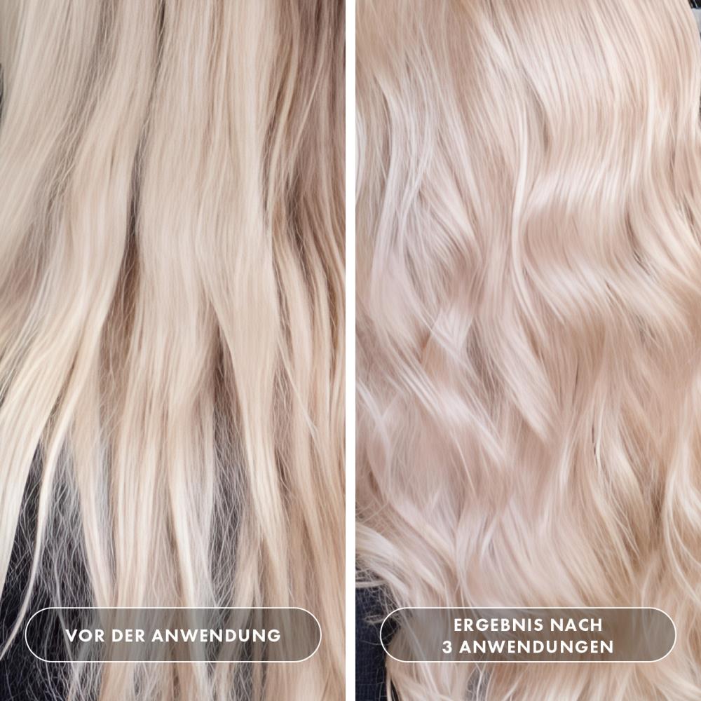 Vorher-Nachher-Vergleich blondiertes Haar: links trocken, stumpf und glanzlos vor der Anwendung, rechts nach 3 Anwendungen sichtbar gepflegt, glänzend, geschmeidig und mit strahlender Blond-Nuance