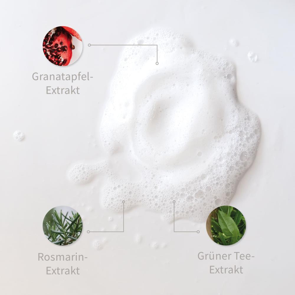 Weiße Schaum-Textur mit markierten Inhaltsstoffen: Granatapfel-Extrakt, Rosmarin-Extrakt, Grüner Tee-Extrakt