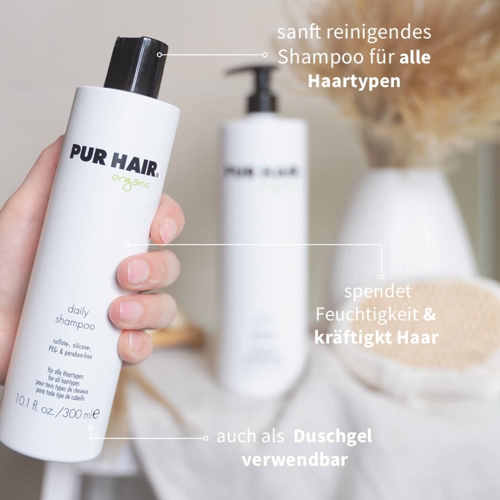 PUR HAIR Organic Daily Shampoo 300 ml – silikon- und sulfatfreies Shampoo, kräftigt das Haar und spendet Feuchtigkeit, auch als Duschgel verwendbar