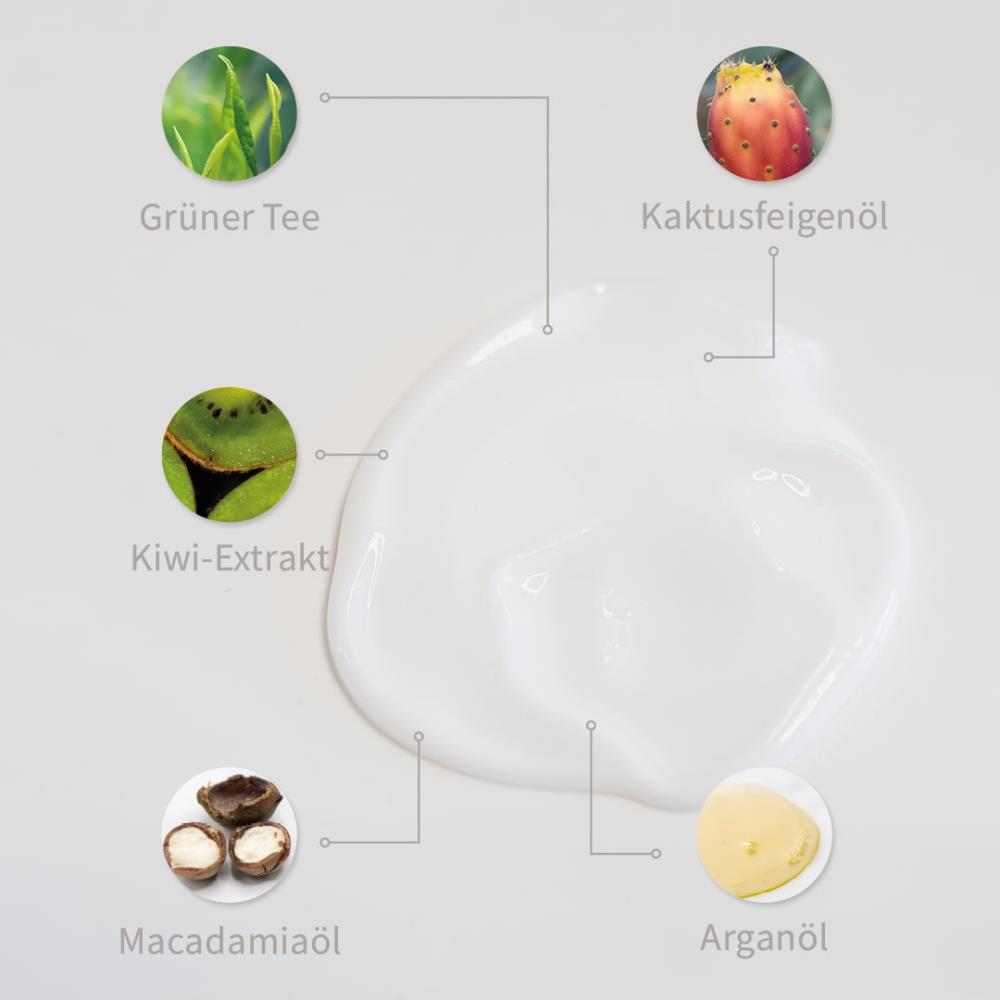 Weiße Pflege-Textur mit markierten Inhaltsstoffen: Grüner Tee, Kaktusfeigenöl, Kiwi-Extrakt, Macadamiaöl und Arganöl