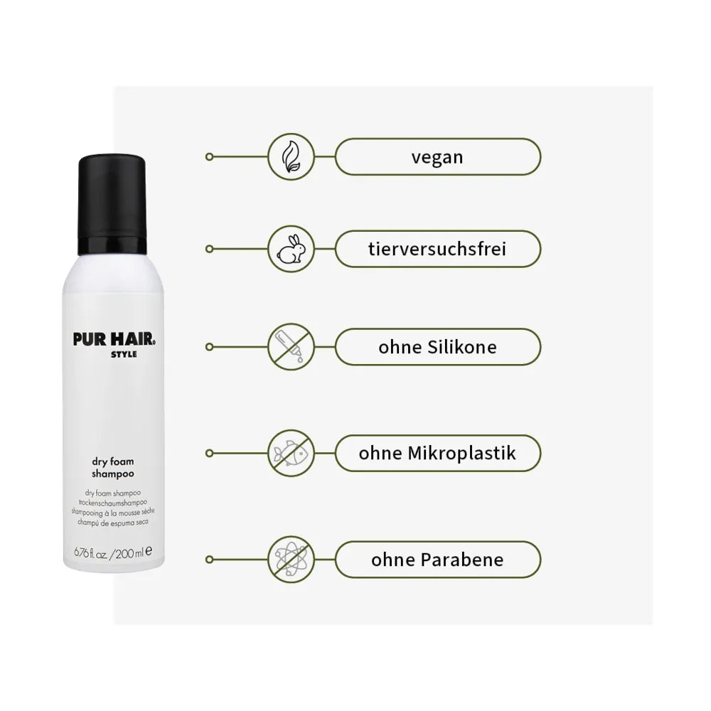 PUR HAIR Style Dry Foam Shampoo – weiße Flasche mit schwarzem Deckel, daneben Icons mit Produktvorteilen: vegan, tierversuchsfrei, ohne Silikone, ohne Mikroplastik, ohne Parabene