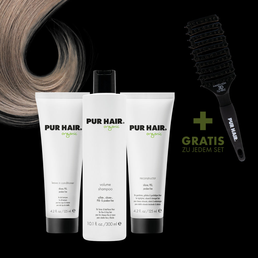 PUR HAIR Organic Pflegeset für feines, kraftloses Haar, mit Volume Shampoo 300 ml, Leave in Conditioner 125 ml, Reconstructor 125 ml und gratis Magic Flex Brush