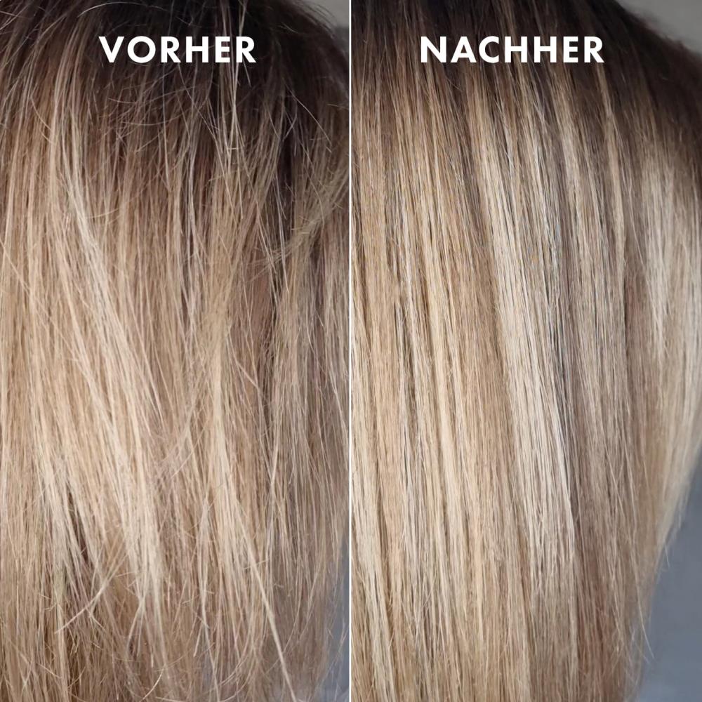 Vergleich Vorher-Nachher: blondes Haar wirkt vor der Anwendung stumpf und frizzig, nach der Anwendung sichtbar glatter, glänzender und gepflegter