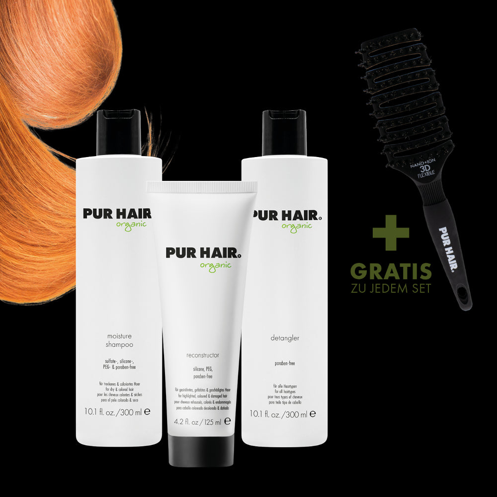 PUR HAIR Organic Pflegeset für gefärbtes, schwaches Haar, mit Moisture Shampoo 300 ml, Detangler
300 ml, Reconstructor 125 ml und gratis Magic Flex Brush