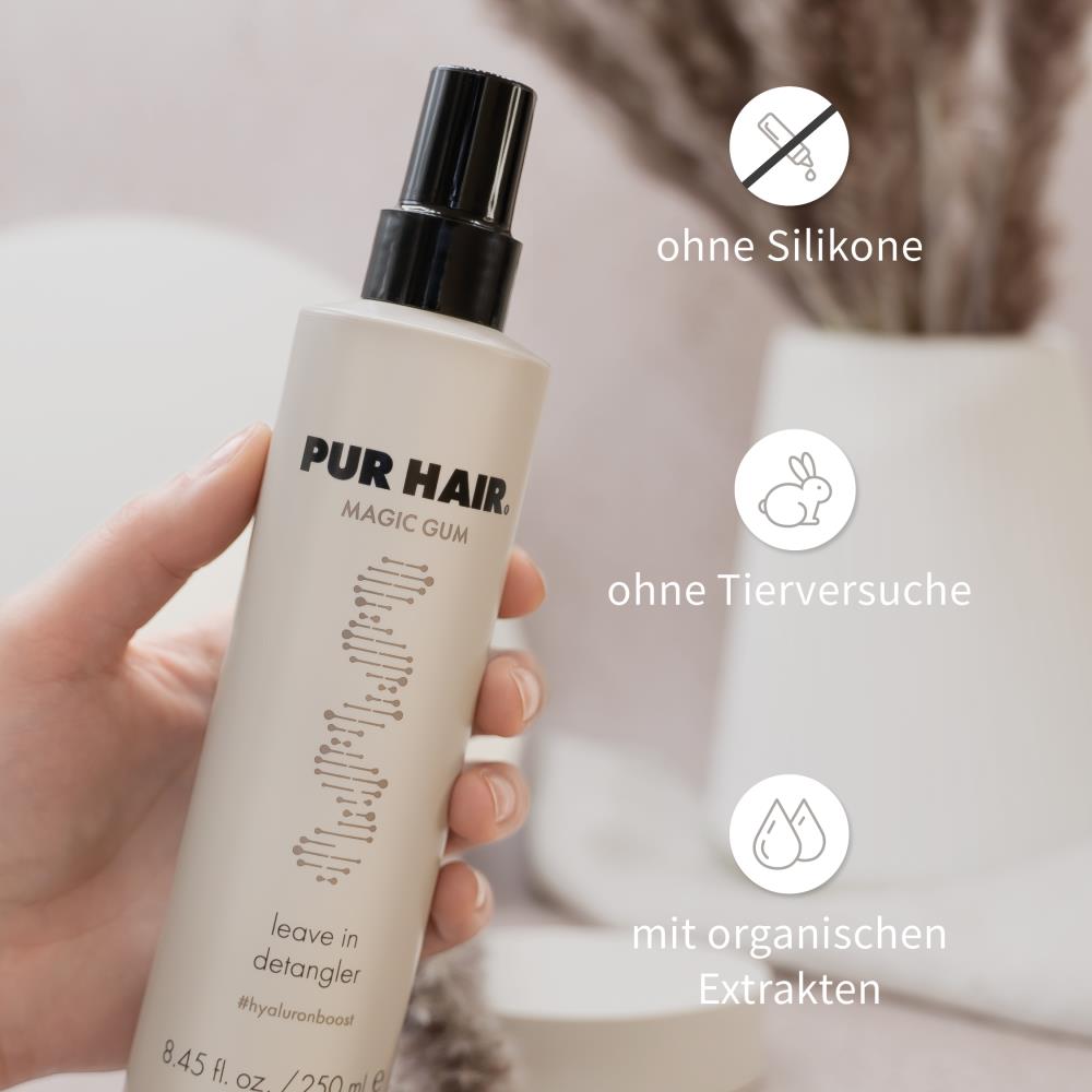 PUR HAIR Magic Gum Leave-in Detangler Spray mit Hand, Produktvorteile: silikonfrei, tierversuchsfrei, mit organischen Extrakten