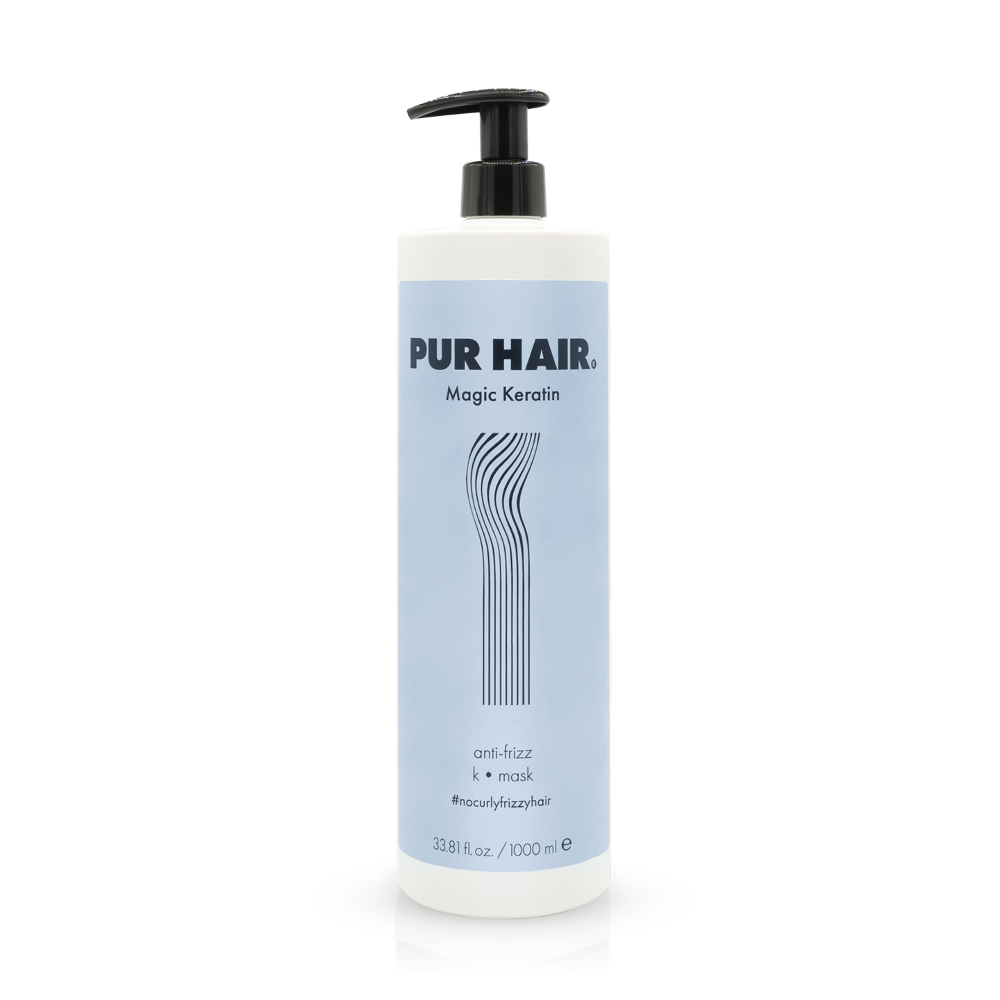 PUR HAIR Magic Keratin Maske, 1000 ml Flasche in hellblau mit schwarzem Pumpspender