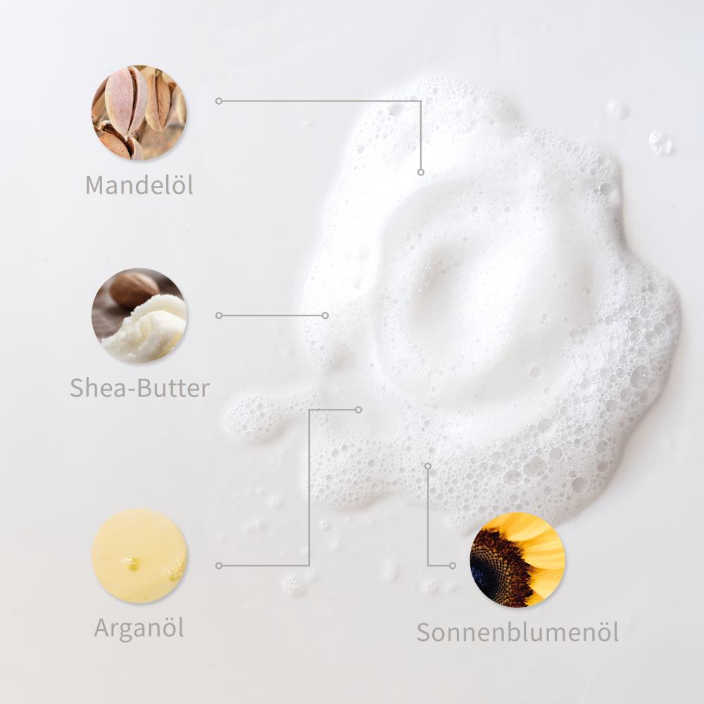 Weiße Schaum-Textur mit markierten Inhaltsstoffen: Mandelöl, Shea-Butter, Arganöl, Sonnenblumenöl