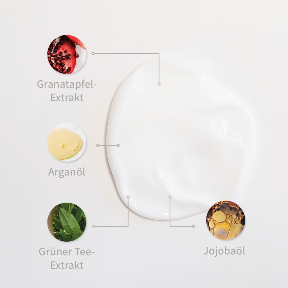 Weiße Creme-Textur mit markierten Inhaltsstoffen: Granatapfel-Extrakt, Grüner Tee-Extrakt, Arganöl, Jojobaöl