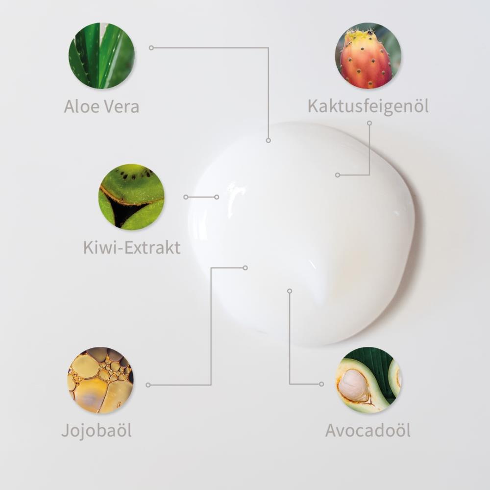 Weiße Pflege-Haarmaske mit markierten Inhaltsstoffen: Avocadoöl, Kaktusfeigenöl, Aloe Vera, Kiwi-Extrakt und Jojobaöl